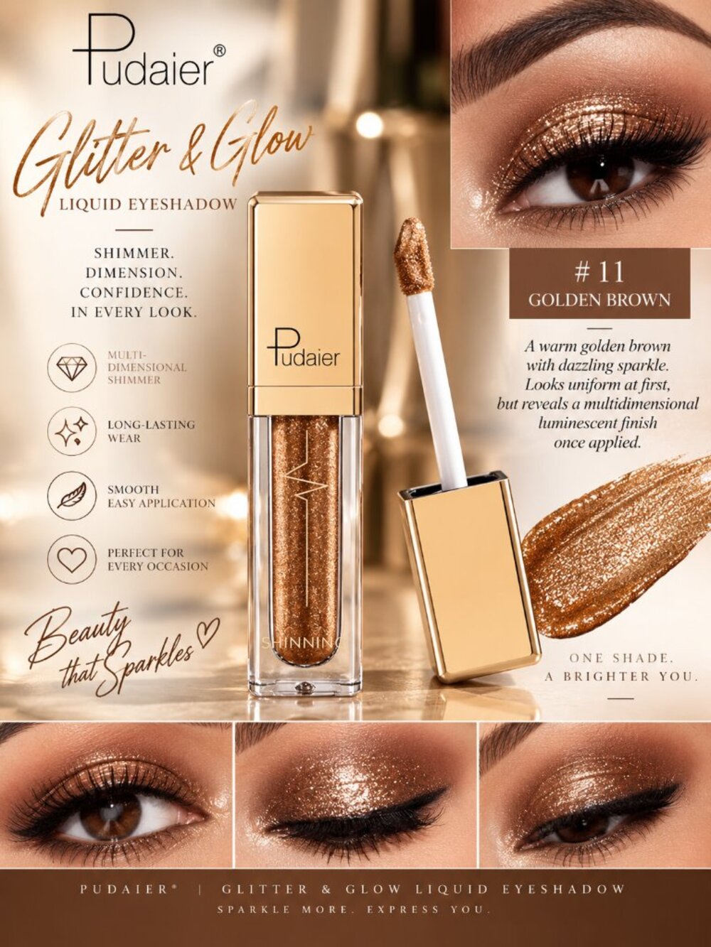 Pudaier Glitter & Glow Liquid Eyeshadow #11 Golden Brown Bronze Shimmer
